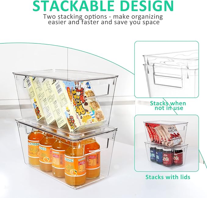 KAMOTA Plastic Storage Organizer Basket Bin with Handles and Lids for Bathroom, Pantry, Kitchen Cabinet, Fridge, Closet, Bedroom, Office and Home Organization - 8 pack - Clear