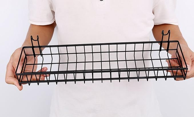 Kaforise Hanging Basket for Wire Wall Grid Panel, Multi-Function Wall Storage and Display Basket, Medium Size, Black Painted