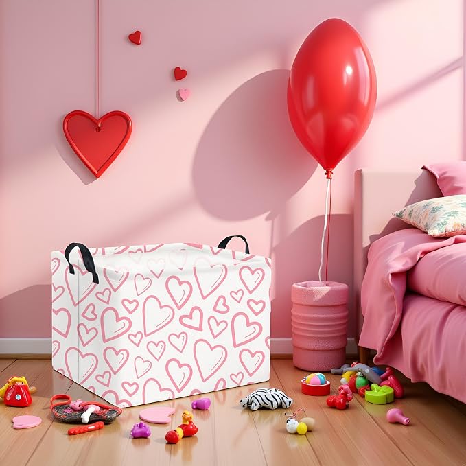 Rectangular Valentines Basket for Home Kitchen Girls Cute Kids Storage Bin Organizer Shelf Book Room Decor(Pink Line Hearts)