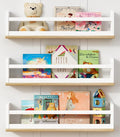 Harwaya Floating Nursery Book Shelves for Wall, 24 Inch Long Wall Bookshelf for Kids Room, White and Natural Wood Hanging Bookshelves for Baby Toddler Childrens Kids Bedroom Bathroom (Set of 3)