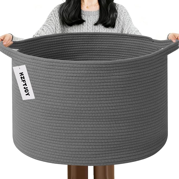 115L Extra Large Blanket Basket,Woven Rope Laundry Basket Hamper with Handles, Decorative Nursery Basket Storage Bin for Toys, Clothes Organizer, Living Room, Bedroom, Bathroom, Dark Gry