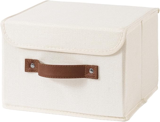 Collapsible Storage Boxes Baskets with Lid Cotton Linen Fabric Storage Bins with Faux Leather Handles Decorative Washable Cube Organizer Container for Home Closet Bedroom (Beige, Small Size)