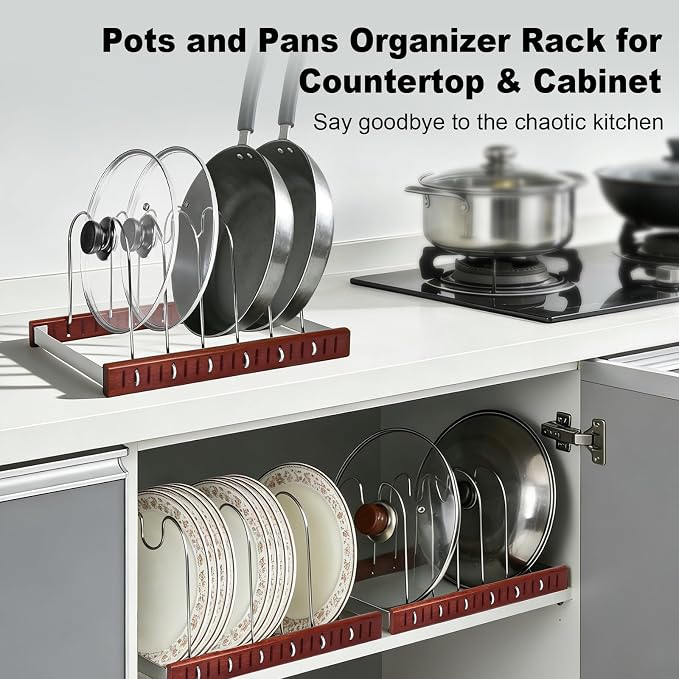 Pot Lid & Pan Organizer, Space-Saving Kitchen Cabinet Organizer W Oak Base & Self-Adaptive Flexible Design for Tray, Baking Sheet, Cutting Board, Cookware, Skillets - Cutting Board Holder Storage