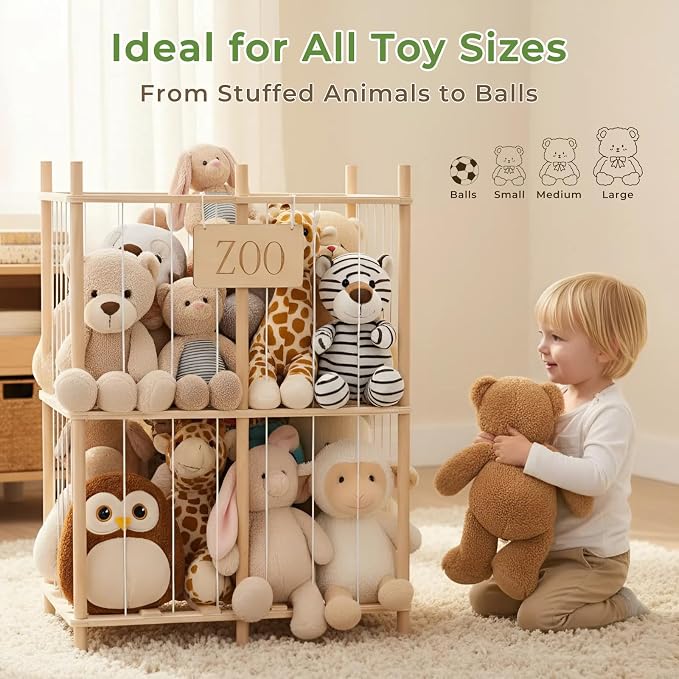 aiwo 30" Extra Wide Large Stuffed Animal Storage Toy Organizer, 38.4" Tall Wooden Display Organizer Holds 70+ Plushies for Kids Room, Playroom, Bedroom, Nursery Decor