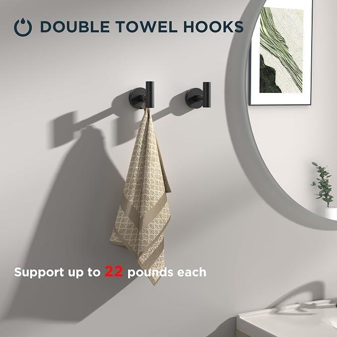 FORIOUS 4 Piece Bathroom Accessories, SUS304 Stainless Steel Toilet Paper Holder, Towel Ring and 2 Towel Hooks, Wall Mounted Bathroom Hardware Set (Matte Black)