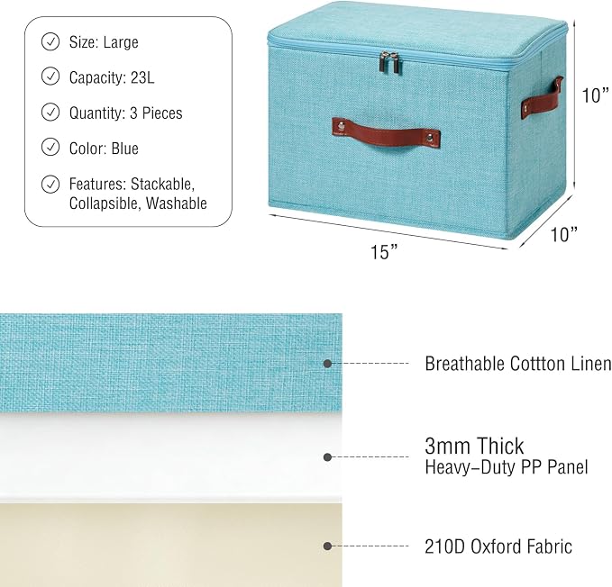 3PCS Storage Bins Boxes with Zippered Lids Cotton Linen Fabric Decorative Basket PU Leather Handles PP Plastic Board Foldable Lidded Clothing Shelf Closet Organizer Container (Blue, Large)