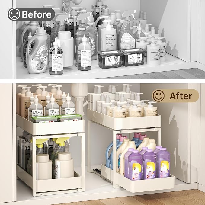 2 Tier Pull Out Cabinet Organizer with Sliding Basket Bathroom Cabinet Organizer, Bathroom Kitchen Multi-Purpose Under Sink Organizer and Storage Cabinet in Metal 1 pack