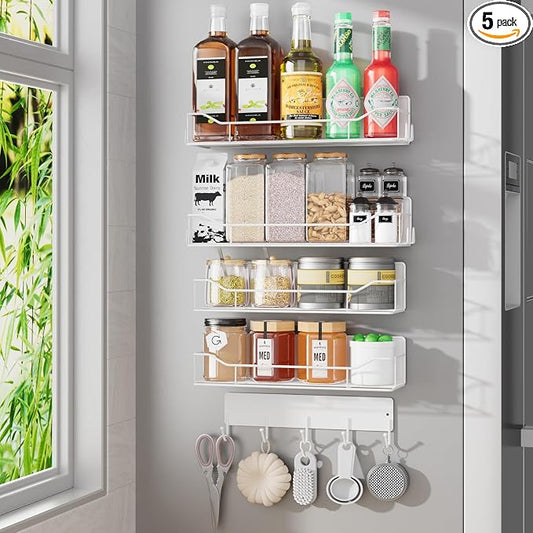 Magnetic Spice Rack for Refrigerator, 5 Pack Metal Strong Magnet Spice Organizer Shelves with Hook Rack, Space Saving Magnetic Fridge Shelf for Home Kitchen Organization and Storage (White)