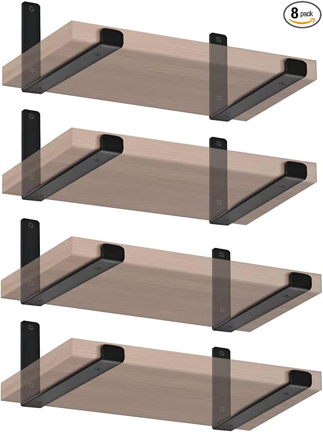 8 Pack - 11.25" L x 6" H x 1.5" W J Lip Shelf Brackets Rustic Farmhouse Iron Wall Floating Shelf Bracket Metal Shelf Bracket Industrial Shelf Supports with Screws Black