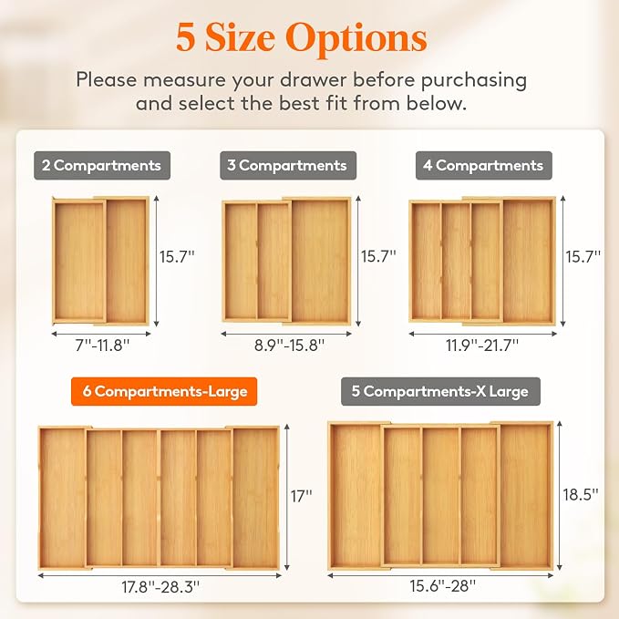 Lifewit Utensil Drawer Organizer, Expandable Kitchen Tool Tray, Wood Adjustable Flatware and Spatula Storage Divider, 17.8-28.3 x 17 x1.8