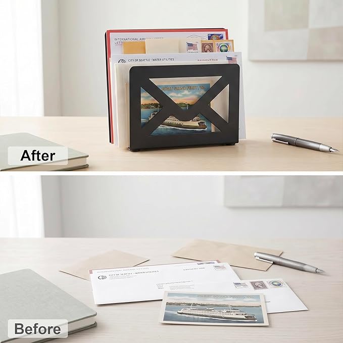 MyGift Black Metal Desktop Mail Holder with Cutout Envelope Design Home and Office Desk Letter Organizer