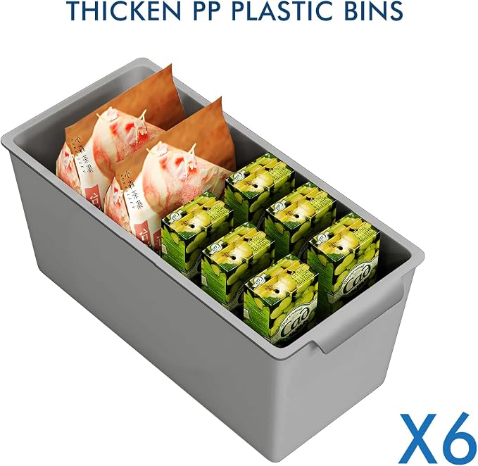 Plastic Storage Bins 6 Pack, Front Handle Design, 11"x5" Pantry Organization and Storage Open Top Baskets for Shelves Closet Cabinet Sink Counter Cupboard Drawer Rridge (Gray)