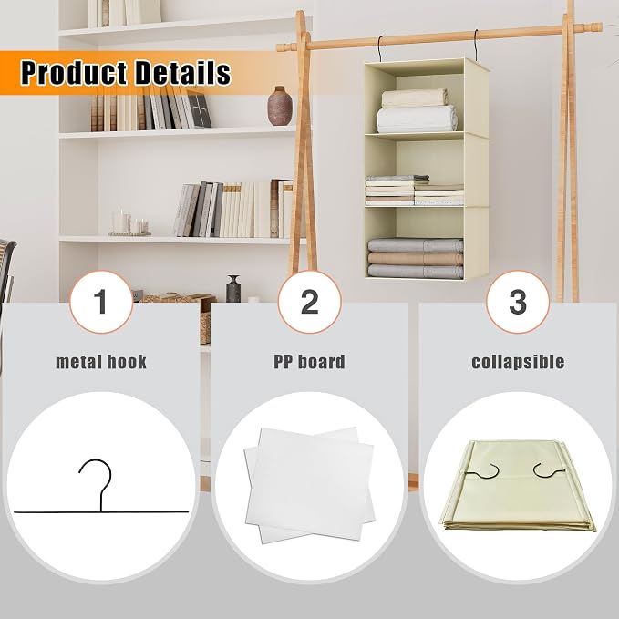 Hanging Closet Organizer 3-Shelf, Oxford Fabric Wardrobe Storage, Beige | Easy-mount foldable design holds clothes, handbags, shoes & accessories; washable Oxford fabric, sturdy and space-saving.