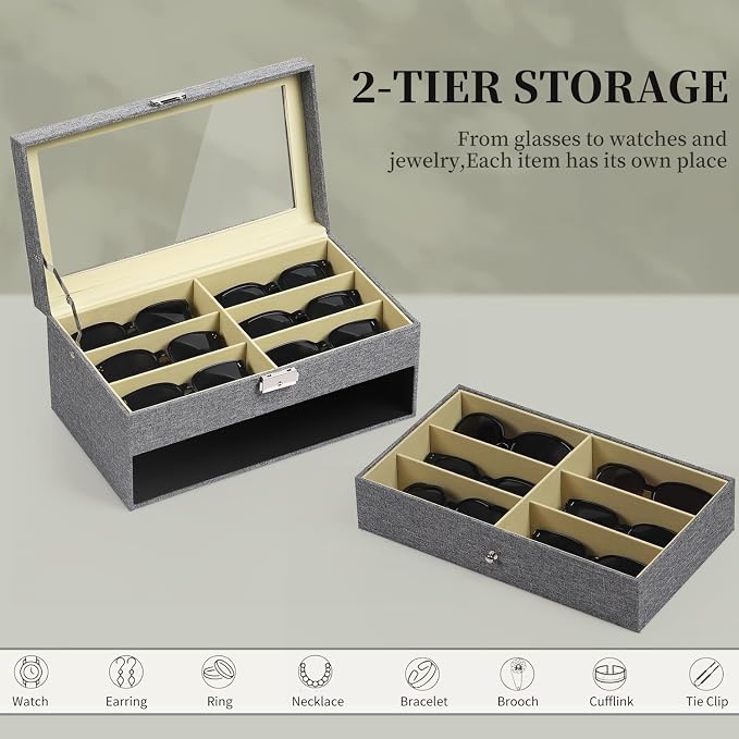AUTOARK Linen Eyeglasses Storage Case Organizer,12 Piece,Grey,AW-096 | Sunglass Display, Drawer Lockable