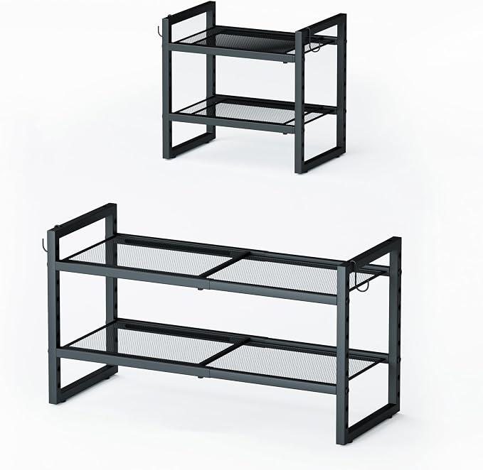 CHEMPFR Expandable & Stackable Metal Shoe Rack, Heavy-Duty Adjustable Shoe Organizer with Mesh Shelves, Freestanding Shoe Storage for Entryway Closet Garage (Black 2-Tier)