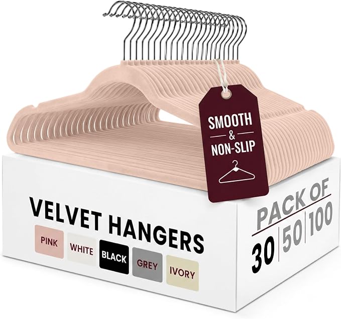 LDC Pink Velvet Hangers 30 Pack - Premium Non-Slip Clothes Coat Pants Felt Hanger for Closet - Heavy Duty Space Saving 360° Swivel Hook Hangars - Pink