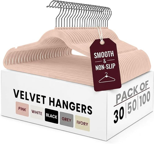 LDC Pink Velvet Hangers 30 Pack - Premium Non-Slip Clothes Coat Pants Felt Hanger for Closet - Heavy Duty Space Saving 360° Swivel Hook Hangars - Pink