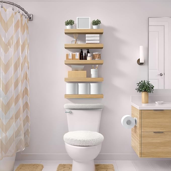 Sorbus Floating Shelves for Wall – 16 Inch Floating Shelf for Kitchen, Bedroom, Living Room, Bathroom, Home & Wall Decor - Mounted Bathroom Shelves with Invisible Brackets (Maple Wood, 5 Pack)