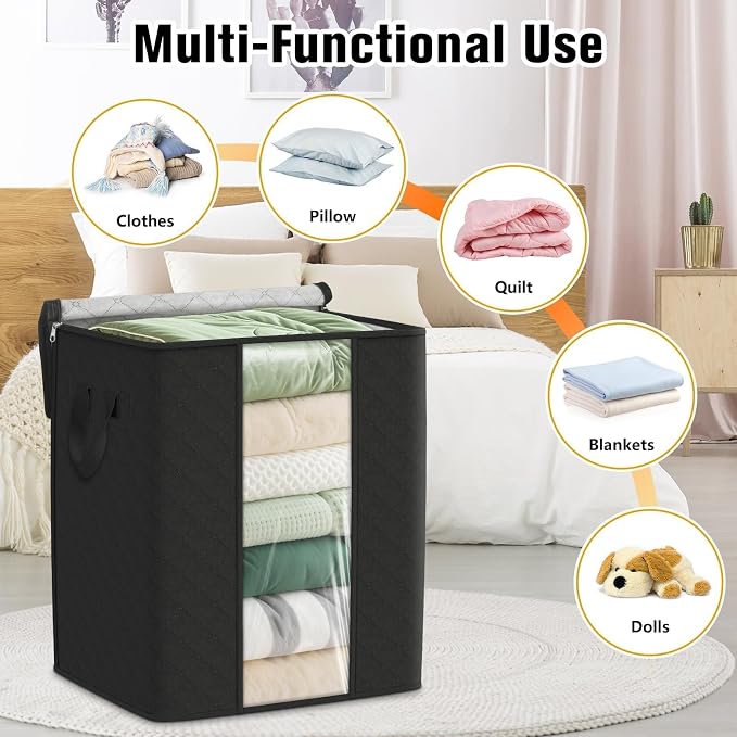 SpaceTrove Clothes Storage Bags, 4-Pack Comforter Blanket Organizers, 80L Large Capacity Containers with Visual Window for Clothing, Quilt, Sheet, Pillow, Closet Organization for Bedding (Black)