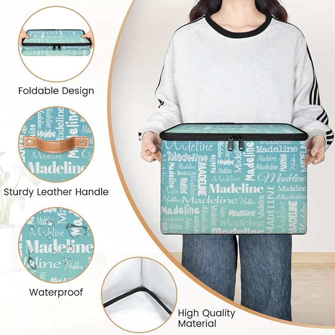 Custom Storage Basket with Name, Personalized Keepsake Box with Zipper Lid, Foldable Fabric Memory Bin Large capacity with Handle Grey Blue Green