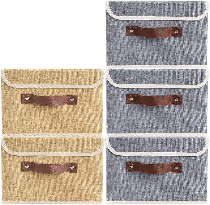 2Pack Storage Bins Boxes with Lids 10" x 8" x 7" Decorative Storage Baskets | Cotton Linen Fabric, Collapsible, Faux Leather Handles, Storage Cubes, Closet Shelf Clothes Organizer Container, Khaki