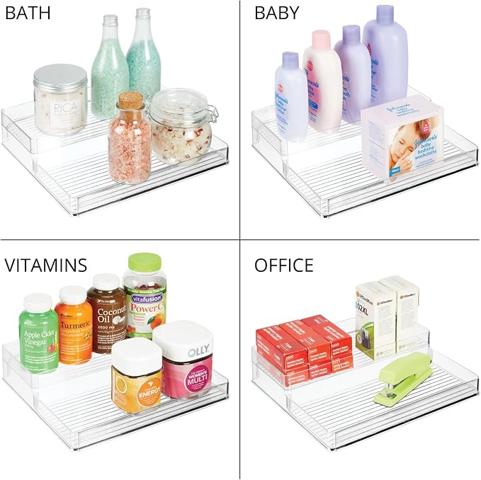 mDesign Plastic Kitchen Food Storage Organizer Shelves, Spice Rack Holder for Cabinet, Cupboard, Countertop, Pantry - Holds Jars, Baking Supplies, Canned Food - 2 Levels - 2 Pack - Clear