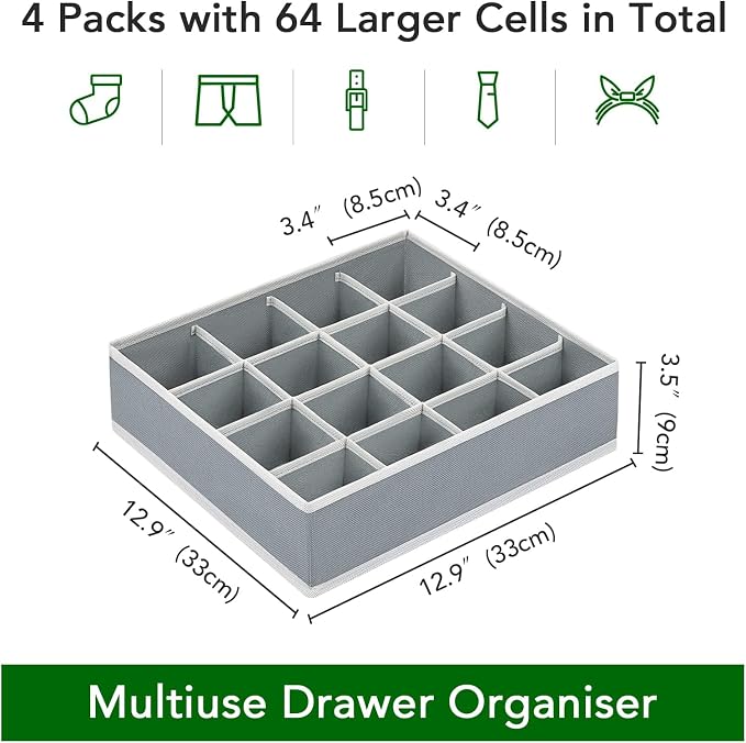 joyoldelf Sock Drawer Organizer Divider Underwear Organizer 16-cell Fabric Dresser Drawer Organizers Storage Boxes for Socks Lingerie, Handkerchiefs, Ties 4 Pack (Grey)