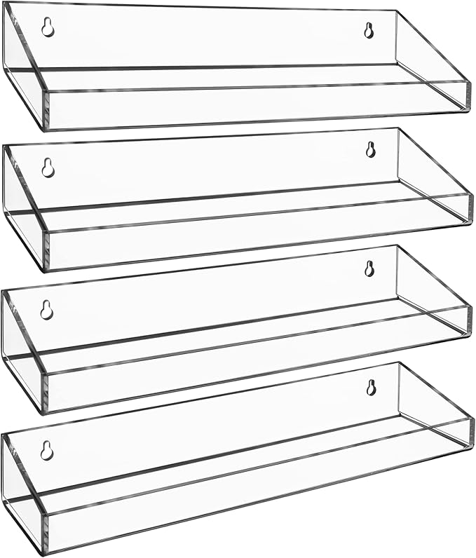 AMT 4 Pack Acrylic Floating Shelves, 15" L x 4" W, Clear Bathroom Wall Shelf, Bookshelves, Invisible Display for Office, Bedroom, Small Gap Allows Water to Escape, Free Screws & Drill Bit