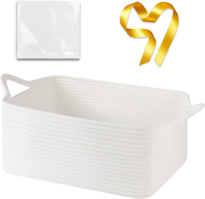 OIASKET Large Empty Cotton Rope Gift Basket with Handles, 16.5"x12.6"x7" Decorative Woven Storage Basket with Gift Bag and Ribbon Set for Baby Shower, Toy Organizer for Kids, Dogs & Cats - White