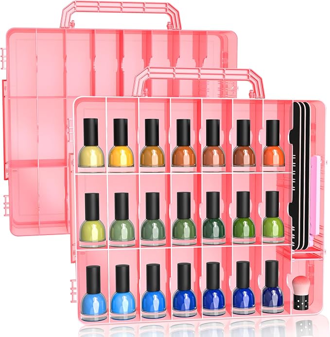 SUBAY 2 Pcs Portable Nail Polish Organizer, Clear Double Side Nail Polish Holder,Gel Nail Storage for 48 Bottles with 6 Adjustable Dividers in Each Side Space Saver Red