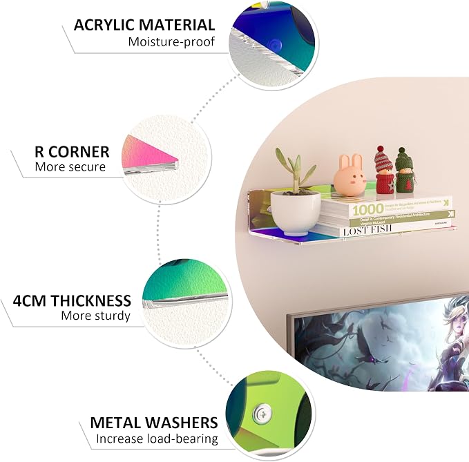 Sezanrpt 12 Inches Iridescent Wall Shelves, Moisture-Proof Acrylic Organizer Shelves for Bathroom, Bedroom, Living Room, Retail, 4 Pack