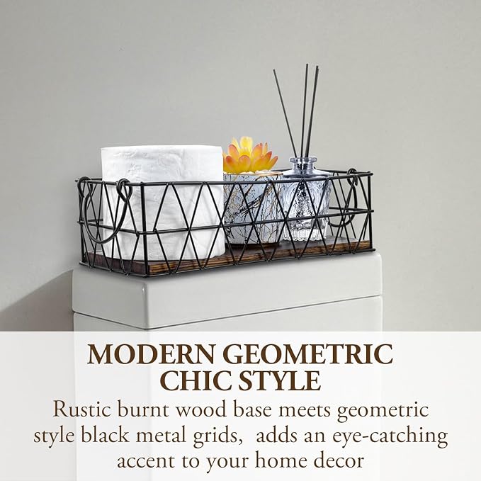 MyGift 2 Piece Wall Mounted Black Geometric Metal Nesting Storage Basket with Rustic Solid Burnt Wood Base, Small Tabletop Decorative Metal Wire Bins with Handles