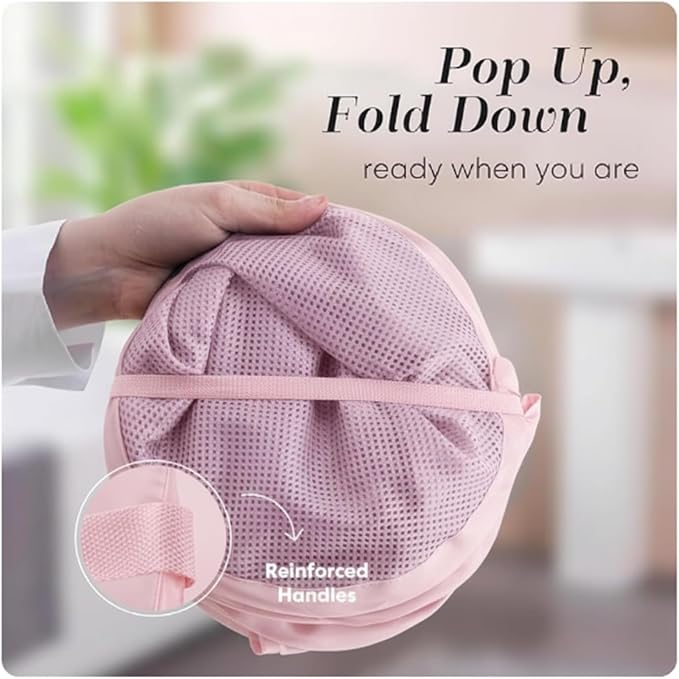 Handy Laundry Collapsible Mesh Pop Up Laundry Hamper with Side Pocket, Breathable & Space-Saving Foldable Basket for Clothes, Toys, Travel, Storage, 14 x 13 x 24 in, Pink