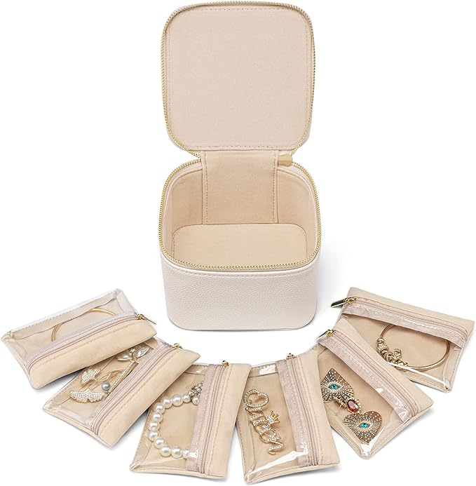 VLANDO Travel Jewelry Case,Valentines Gifts,Small Jewelry Box Organizer,Travel Jewelry Storage with 6 Velvet Jewelry Zipper Pockets, Birthday Gifts for Women Girls (White)