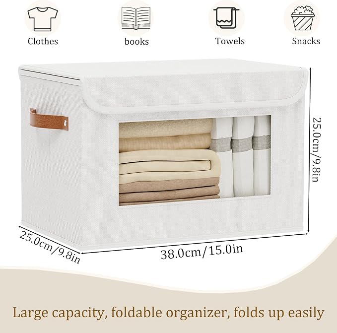 Storage Box for Shelves,White Basket,15x9.8x9.8 In,5Pack | Sturdy Storage Baskets with Lids,Shelf Boxes with Handles and Window,Fabric Closet Containers,Decorative Drawer Bins for room
