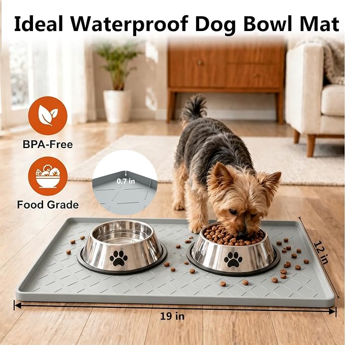 MateeyLife Silicone Mat Waterproof 12"X19", Ideal for Dog and Cat Food Mat, Dog Bowl Mats for Food and Water, Pet Placemat with Lip for Messy Drinkers to Protect Floor, Light Grey