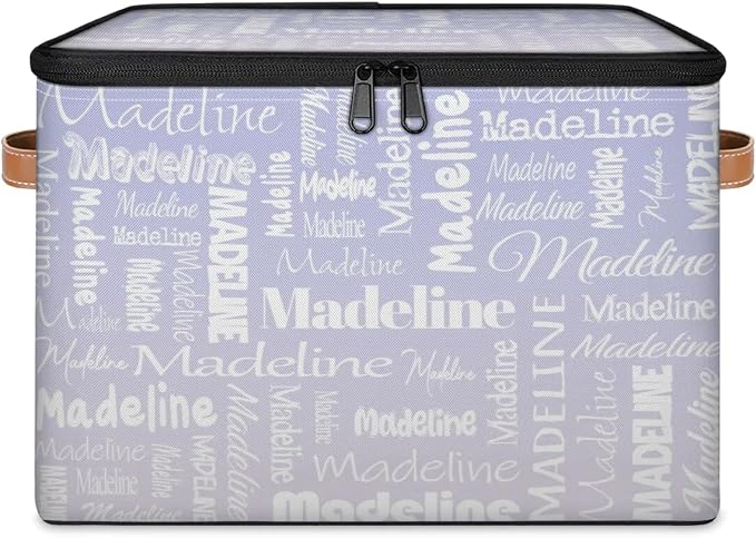 Custom Storage Basket with Name, Personalized Keepsake Box with Zipper Lid, Foldable Fabric Memory Bin Large capacity with Handle Purple White
