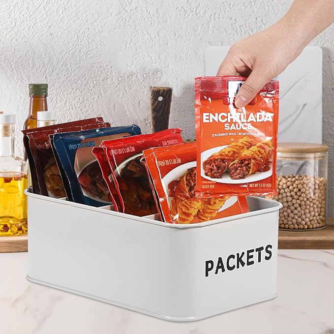 BSTKEY Seasoning Packet Organizer, Food Storage Organizer with Divided 4 Compartments, Metal Storage Caddy for Kitchen Pantry Cabinet, Kitchen Organization Bin for Snacks Spice Packets, White