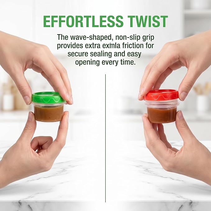 EONJOE 2oz Airtight Small Plastic Food Storage Containers with Lids, 12pcs | Dishwasher safe ,BPA free,Reusable,Round jars ,Perfect for salad dressing sauce condiments lunch to go
