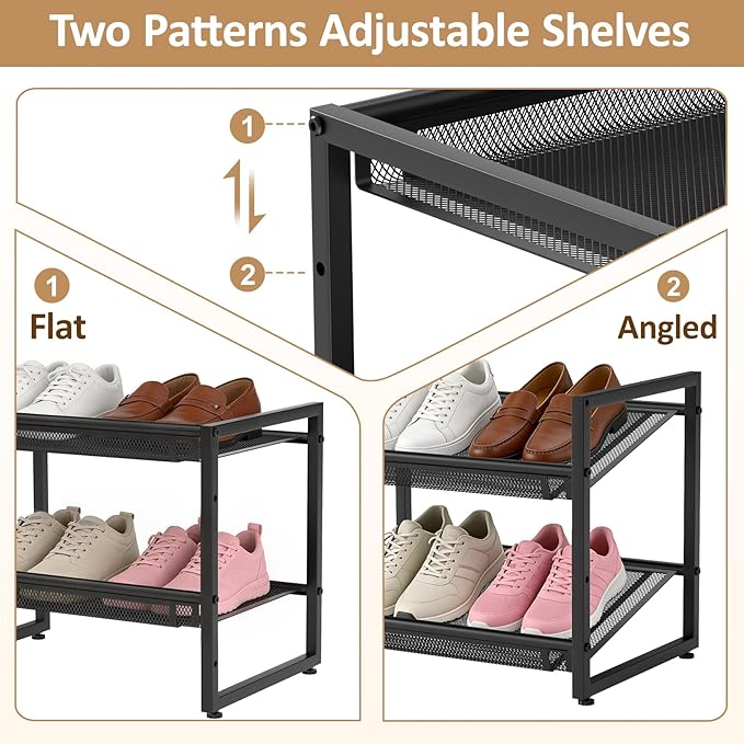 Expandable Shoe Rack, 2 Tier Adjustable Shoe Organizer with Flat & Slant Dual Use Design, Space Saving Shoes Stand for Closet & Entryway, Sturdy Dense Metal Grid Shoe Holder for High Heels, Sneakers