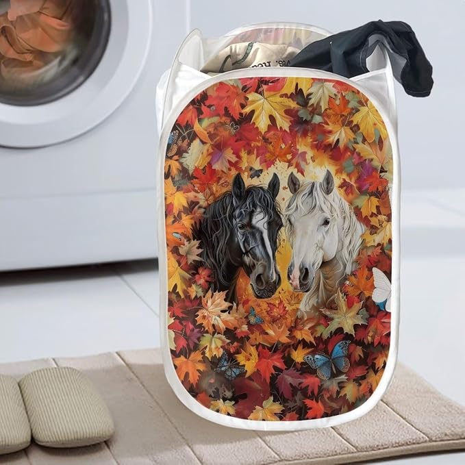 AFPANQZ Maple Horse Pop-Up Laundry Hamper with Side Pocket Mesh Fabric Collapsible Design for Clothes Laundry Home Organization Foldable Nursery Hampers 85L