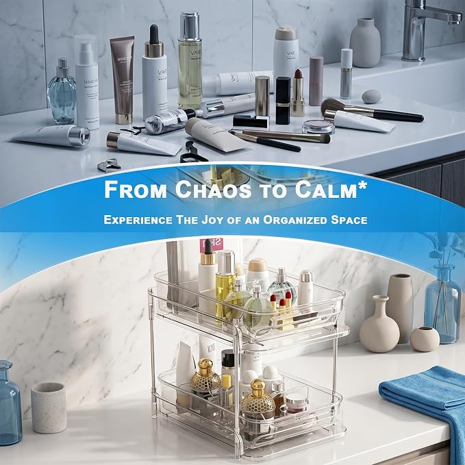 2-Tier bathroom cabinet organizer, bathroom organizers and storage with Adjustable Removable Dividers,Under Sink Organizing,Under Sink and Pull-Out Cabinet Organizer for Kitchen and Pantry Storage