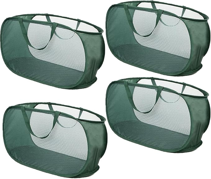4 Piece Popup Mesh Laundry Basket Durable Handles Collapsible Laundry Baskets Folding Clothes Pastic Hamper for Laundry Room College Dorm (Green)