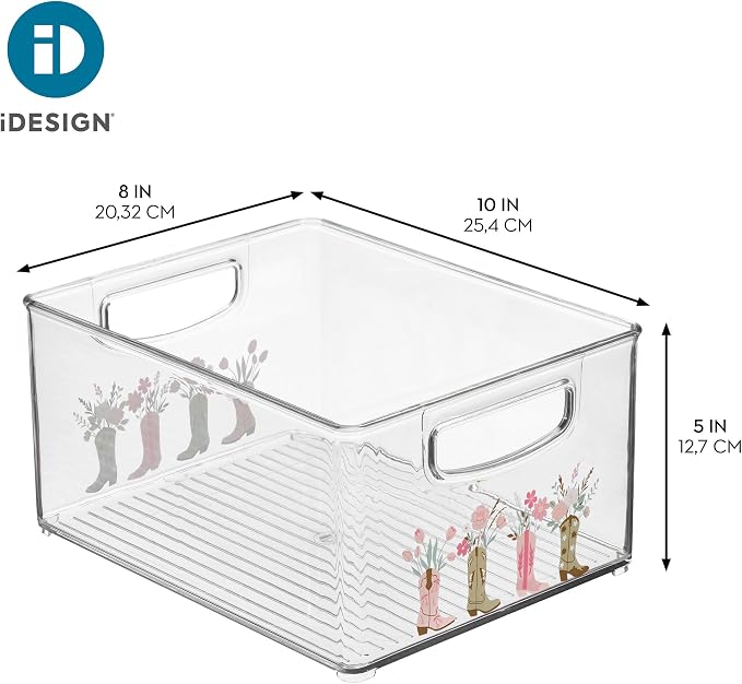 iDesign Bathroom Organizer Bin with Decorative Print - Stackable Plastic Storage Basket for Makeup & Vanity Organization - Clear