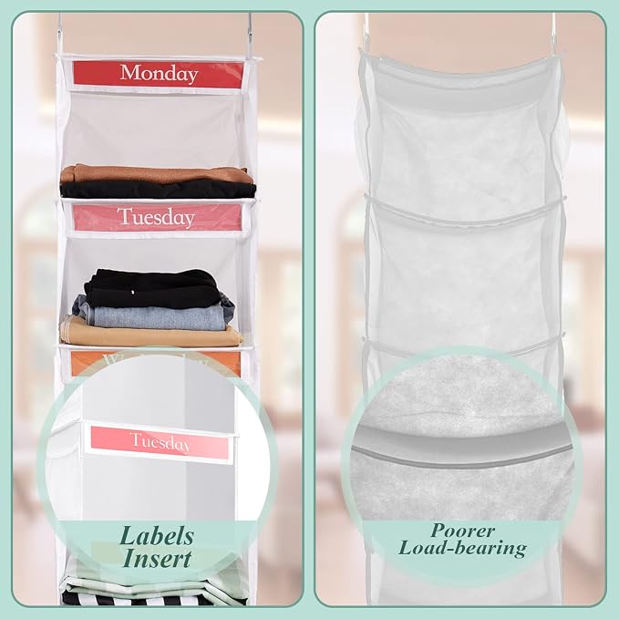 Amylove 2 Pack 6 Shelf Weekly Clothes Organizer for Kids with Side Pocket, 47 Inch Days of the Week Clothes Organizer, Monday to Friday Daily School Outfits Clothing Divider for Kids(White)