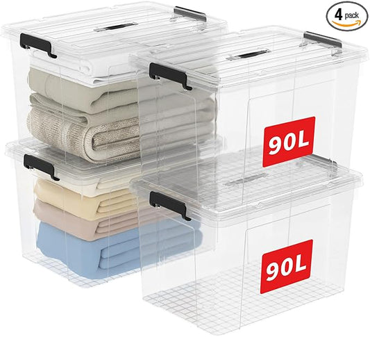 Cetomo Lidded Storage Bin with Handle, Tote Organizing Container with Wheels, Lid and Secure Latching Buckles, Stackable and Nestable, Plastic, 95 Quart-4 Pack, Clear