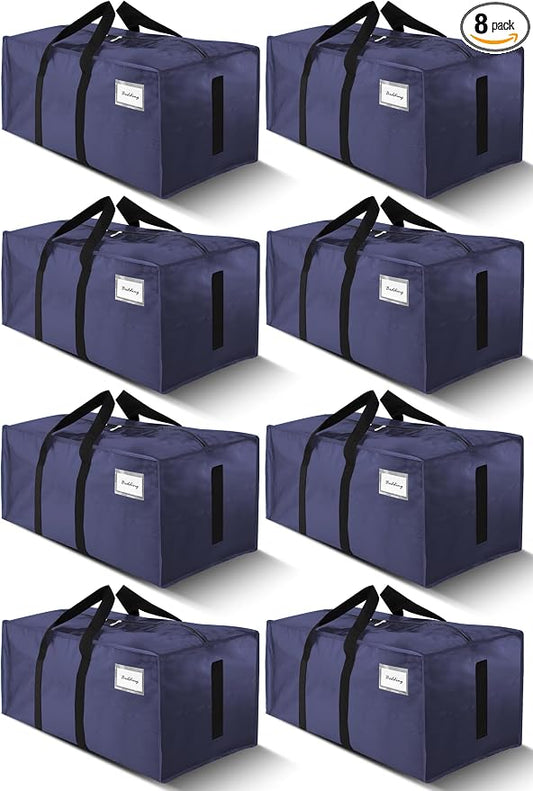 HOMESURE8 Pack 40 Gal Large Strong Moving Bags with Zippers & Carrying Handles - Water-Resistant - Heavy Duty Storage Tote for Space Saving, Fold Flat, Alternative to Moving Box (Blue)