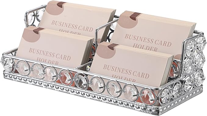Hipiwe Silver Business Card Display Holder 2 Tiers Crystal Business Card Storage Stand with 4 Slots Office Desktop Organizer for Exhibition