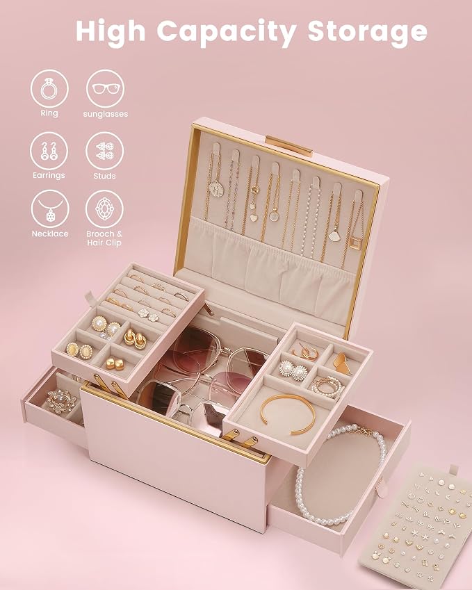 Lolalet Jewelry Box Organizer for Women Girls, 2 Layer Jewelry Organizers and Storage for Necklace Earrings Rings Bracelets, Large Jewellery Holder Case Birthday Gifts -Pink