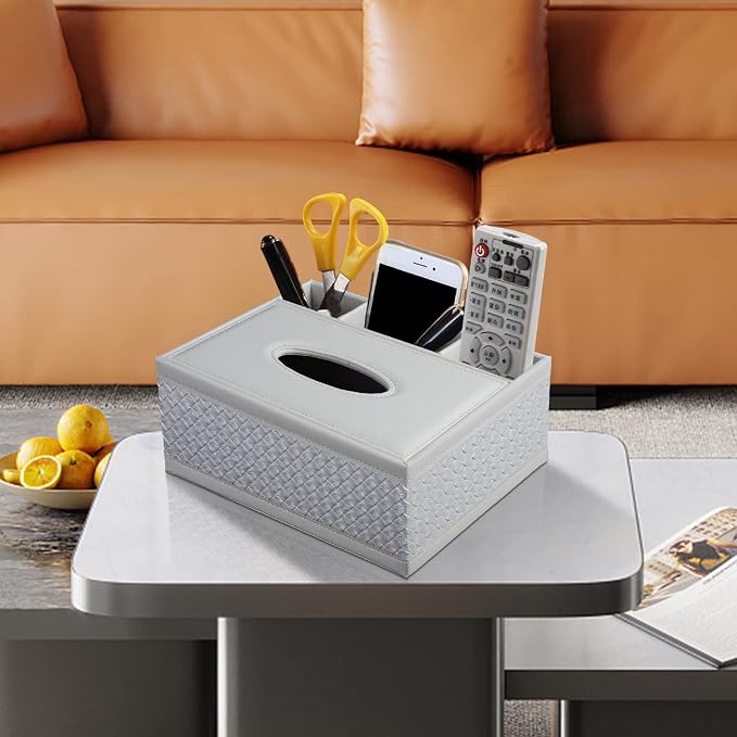 Tissue Box Cover Rectangle White Kleenex Box Holder PU Leather Facial Tissue Organizer,Multifunctional Remote Control Stationery Storage Box,Home Office Supplies Car Napkin Caddy